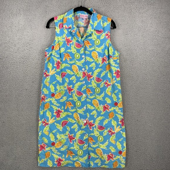 Palm Lily Women’s Sleeveless Button Front Top Turquoise w/ Fruit Print Size 12 - Picture 1 of 10